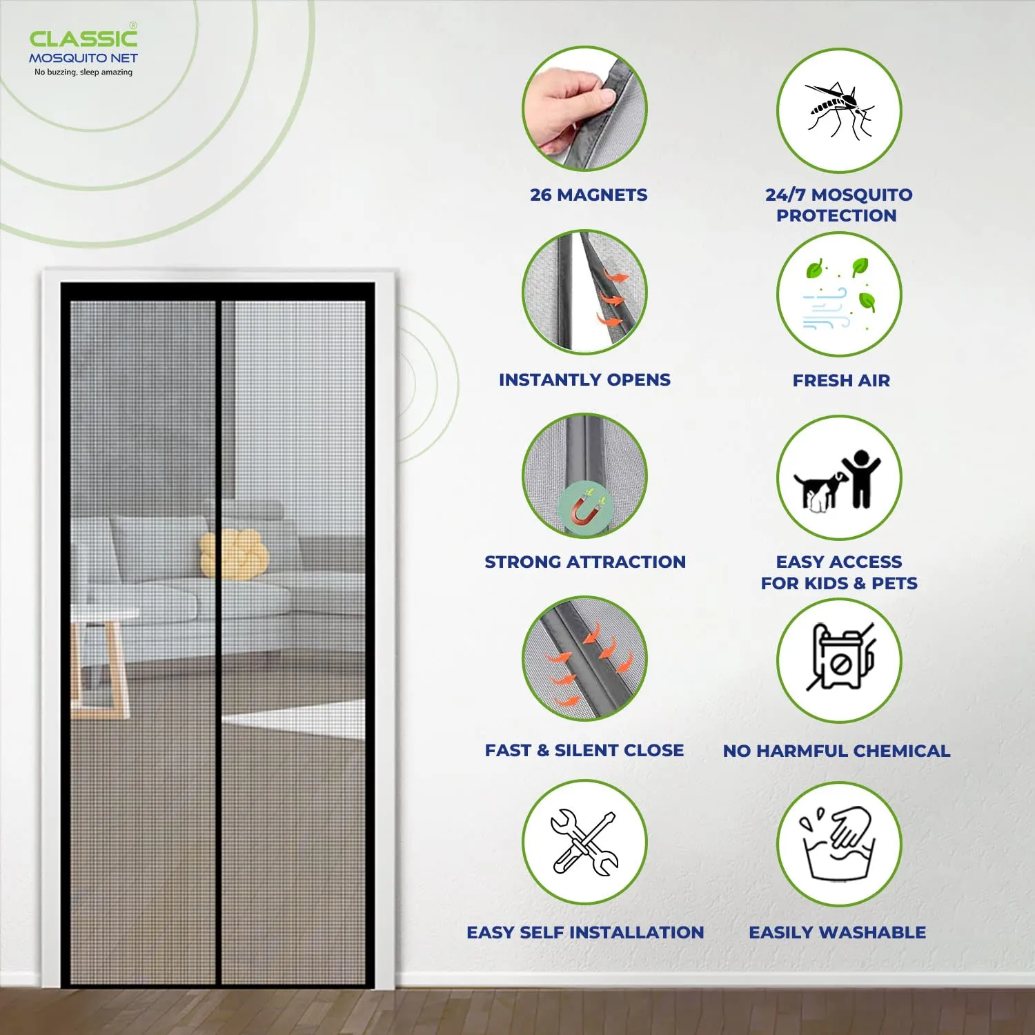 Classic Mosquito Net for Door Fiberglass Magnetic Curtain Auto Closing Insect Screen for All Door Types with Self Adhesive Hook Tape (210X100cms, Grey)