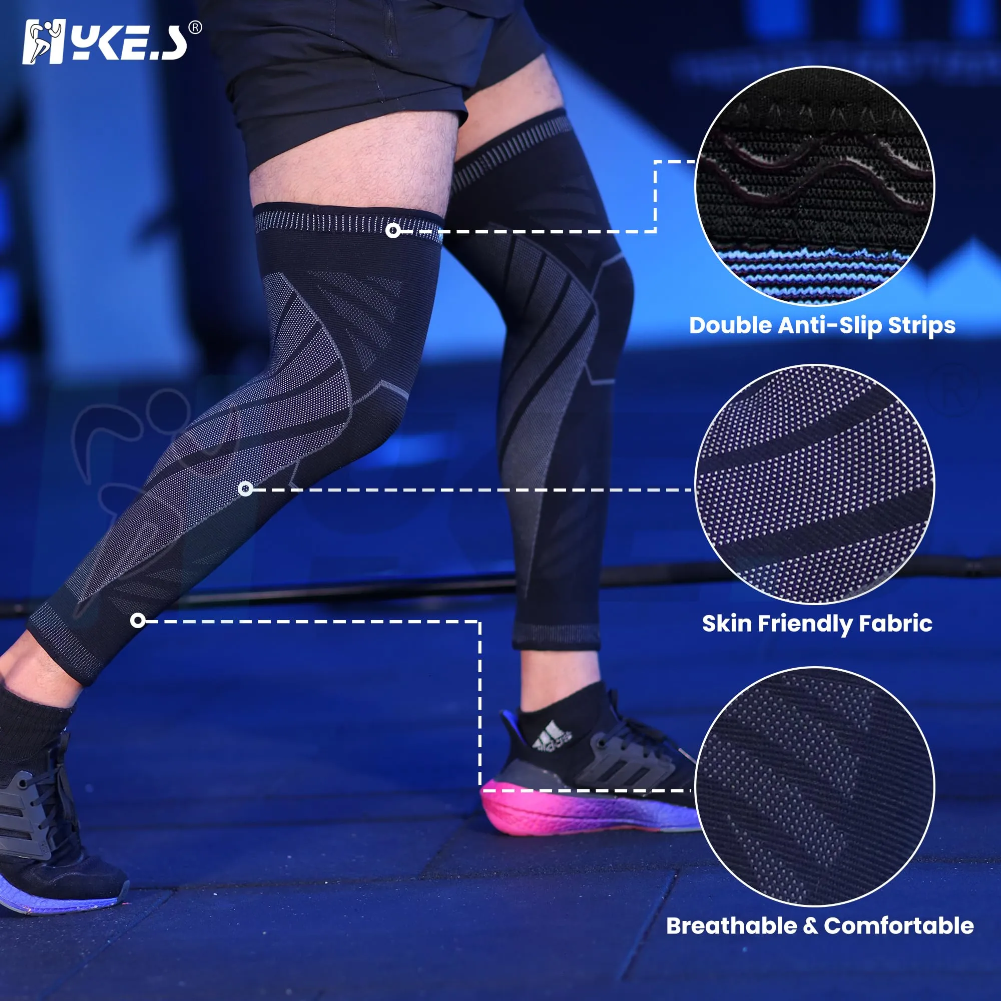 Hykes Orthopedic Knee & Calf Compression Sleeve with Anti Slip, Leg Compression for sports Gym Running Cycling Jogging Workout Pain Relief Injury Protection Sweat Resistant - Pair (Color : Grey , Size : Large)